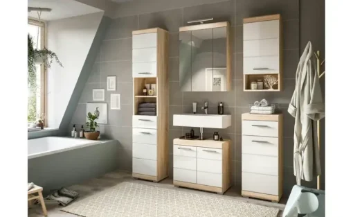 Badmöbel-Set SCHLOONSEE, 5 teilig, inklusive LED Beleuchtung, bestehend aus: Hochschrank, WBU, Spiegelschrank, Unterschrank, Hängeschrank Schloonsee | Eiche Sonoma (Nachbildung), Weiß, hochglanz