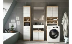 Badmöbel-Set SCHLOONSEE, 4 teilig, bestehend aus: Hochschrank, WBU, Badspiegel, Waschmaschinenumbauschrank Schloonsee | Eiche Sonoma (Nachbildung), Weiß, hochglanz