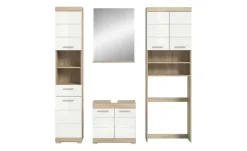 Badmöbel-Set SCHLOONSEE, 4 teilig, bestehend aus: Hochschrank, WBU, Badspiegel, Waschmaschinenumbauschrank Schloonsee | Eiche Sonoma (Nachbildung), Weiß, hochglanz