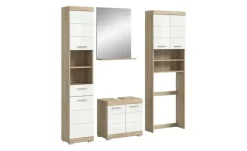 Badmöbel-Set SCHLOONSEE, 4 teilig, bestehend aus: Hochschrank, WBU, Badspiegel, Waschmaschinenumbauschrank Schloonsee | Eiche Sonoma (Nachbildung), Weiß, hochglanz