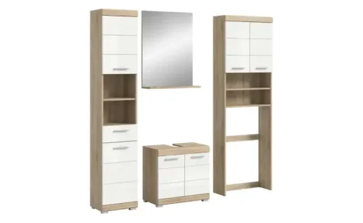Badmöbel-Set SCHLOONSEE, 4 teilig, bestehend aus: Hochschrank, WBU, Badspiegel, Waschmaschinenumbauschrank Schloonsee | Eiche Sonoma (Nachbildung), Weiß, hochglanz