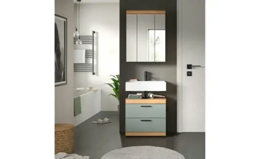 Badmöbel-Set SCHLOONSEE, 2 tlg., bestehend aus: Waschbeckenunterschrank, Spiegelschrank, in verschiedenen Farben erhältlich, Badmöbel, Kombination, Badezimmer Schloonsee | Eiche Artisan (Nachbildung), Salbeigrün