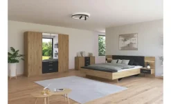 Bettanlage Moffat | Eiche Artisan (Nachbildung), Basaltgrau, Dunkelgrau, Mit Beleuchtung