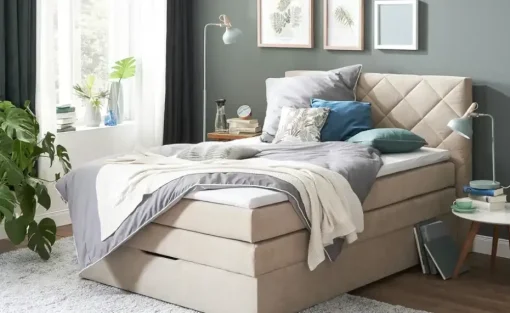 Boxspringbett mit Bettkasten und Topper, Beige Princess | 140 cm, Beige