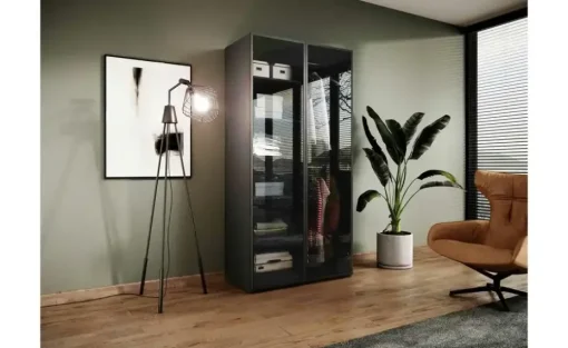 Drehtürenschrank 303 cm breit Sandbox | ohne Beleuchtung, Schwarz, transparent