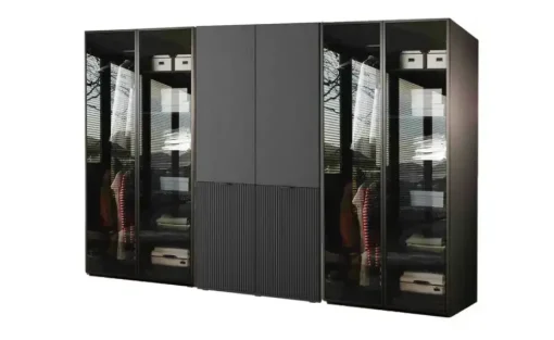 Drehtürenschrank 303 cm breit Sandbox | ohne Beleuchtung, Schwarz, transparent