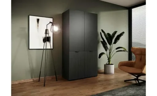 Drehtürenschrank 303 cm breit Sandbox | ohne Beleuchtung, Schwarz, transparent