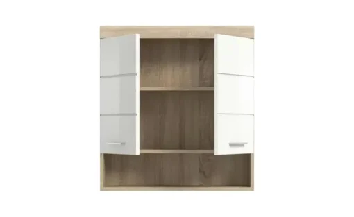 Hängeschrank SCHLOONSEE, Breite 74cm, 2 Türen, 1 offenes Fächer, MDF-Front, in verschiedenen Farben erhältlich, Badmöbel, Badschrank, Schrank, Bad Schloonsee | Eiche Sonoma (Nachbildung), Weiß, hochglanz