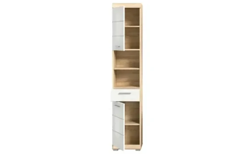 Hochschrank SCHLOONSEE, Breite 37cm, 2 Tür, 1 Schubkasten, 2 offene Fächer, MDF-Front, in verschiedenen Farben erhältlich, Badmöbel, Badschrank, Schrank, Bad Schloonsee | Eiche Sonoma (Nachbildung)