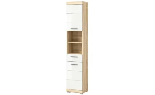 Hochschrank SCHLOONSEE, Breite 37cm, 2 Tür, 1 Schubkasten, 2 offene Fächer, MDF-Front, in verschiedenen Farben erhältlich, Badmöbel, Badschrank, Schrank, Bad Schloonsee | Eiche Sonoma (Nachbildung)