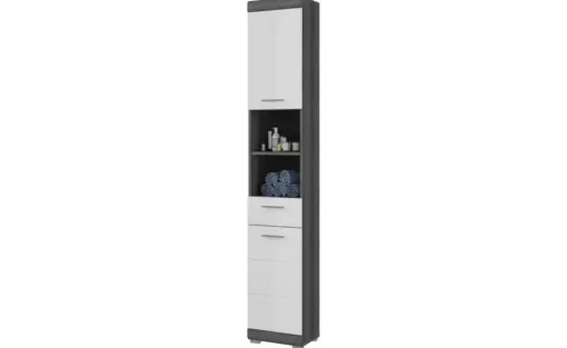 Hochschrank SCHLOONSEE, Breite 37cm, 2 Tür, 1 Schubkasten, 2 offene Fächer, MDF-Front, in verschiedenen Farben erhältlich, Badmöbel, Badschrank, Schrank, Bad Schloonsee | Weiß
