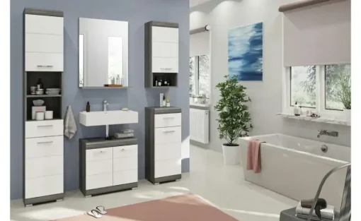Hochschrank SCHLOONSEE, Breite 37cm, 2 Tür, 1 Schubkasten, 2 offene Fächer, MDF-Front, in verschiedenen Farben erhältlich, Badmöbel, Badschrank, Schrank, Bad Schloonsee | Weiß