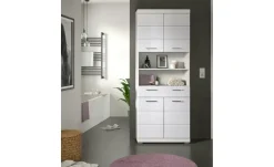 Hochschrank SCHLOONSEE, Breite 74cm, 4 Türen, 1 Schubkasten, 2 offene Fächer, MDF-Front, in verschiedenen Farben erhältlich, Badmöbel, Badschrank, Schrank, Bad Schloonsee | Weiß, hochglanz
