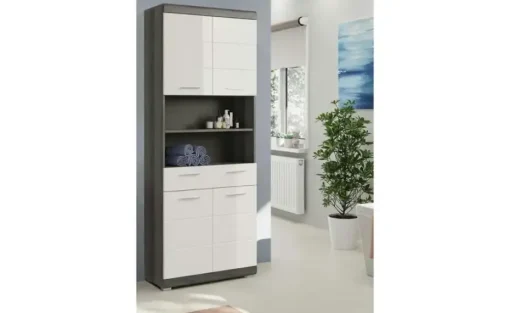 Hochschrank SCHLOONSEE, Breite 74cm, 4 Türen, 1 Schubkasten, 2 offene Fächer, MDF-Front, in verschiedenen Farben erhältlich, Badmöbel, Badschrank, Schrank, Bad Schloonsee | Weiß, Silbergrau, Silbergrau, Silbergrau