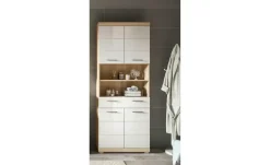 Hochschrank SCHLOONSEE, Breite 74cm, 4 Türen, 1 Schubkasten, 2 offene Fächer, MDF-Front, in verschiedenen Farben erhältlich, Badmöbel, Badschrank, Schrank, Bad Schloonsee | Eiche Sonoma (Nachbildung), Weiß, hochglanz