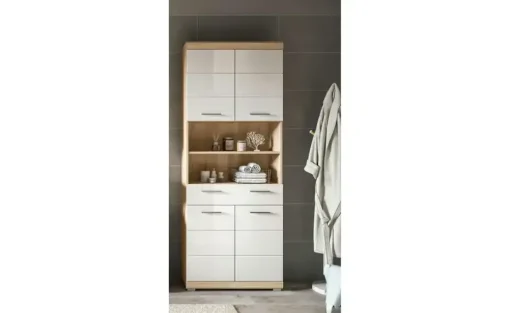 Hochschrank SCHLOONSEE, Breite 74cm, 4 Türen, 1 Schubkasten, 2 offene Fächer, MDF-Front, in verschiedenen Farben erhältlich, Badmöbel, Badschrank, Schrank, Bad Schloonsee | Eiche Sonoma (Nachbildung), Weiß, hochglanz