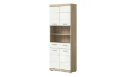 Hochschrank SCHLOONSEE, Breite 74cm, 4 Türen, 1 Schubkasten, 2 offene Fächer, MDF-Front, in verschiedenen Farben erhältlich, Badmöbel, Badschrank, Schrank, Bad Schloonsee | Eiche Sonoma (Nachbildung), Weiß, hochglanz