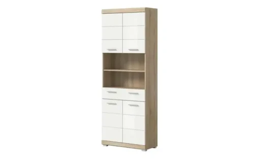 Hochschrank SCHLOONSEE, Breite 74cm, 4 Türen, 1 Schubkasten, 2 offene Fächer, MDF-Front, in verschiedenen Farben erhältlich, Badmöbel, Badschrank, Schrank, Bad Schloonsee | Eiche Sonoma (Nachbildung), Weiß, hochglanz