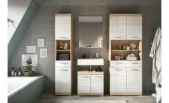 Hochschrank SCHLOONSEE, Breite 74cm, 4 Türen, 1 Schubkasten, 2 offene Fächer, MDF-Front, in verschiedenen Farben erhältlich, Badmöbel, Badschrank, Schrank, Bad Schloonsee | Eiche Sonoma (Nachbildung), Weiß, hochglanz