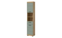 Hochschrank SCHLOONSEE, Breite 37cm, 2 Tür, 1 Schubkasten, 2 offene Fächer, MDF-Front, in verschiedenen Farben erhältlich, Badmöbel, Badschrank, Schrank, Bad Schloonsee | Eiche Artisan (Nachbildung), Salbeigrün