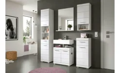 Hochschrank SCHLOONSEE, Breite 37cm, 2 Tür, 1 Schubkasten, 2 offene Fächer, MDF-Front, in verschiedenen Farben erhältlich, Badmöbel, Badschrank, Schrank, Bad Schloonsee | Weiß, hochglanz