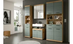 Hochschrank SCHLOONSEE, Breite 74cm, 4 Türen, 1 Schubkasten, 2 offene Fächer, MDF-Front, in verschiedenen Farben erhältlich, Badmöbel, Badschrank, Schrank, Bad Schloonsee | Eiche Artisan (Nachbildung), Salbeigrün