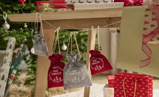 HOME STORY Geschenkbeutel Frohe Weihnachten, 2er Set | Grau