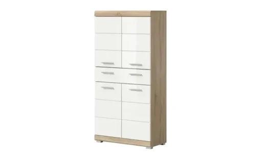 Midischrank SCHLOONSEE, Breite 74cm, 4 Türen, 1 Schubkasten, 4 Fächer, MDF-Front, in verschiedenen Farben erhältlich, Badmöbel, Badschrank, Schrank, Bad Schloonsee | Eiche Sonoma (Nachbildung), Weiß, hochglanz