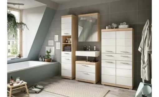 Midischrank SCHLOONSEE, Breite 74cm, 4 Türen, 1 Schubkasten, 4 Fächer, MDF-Front, in verschiedenen Farben erhältlich, Badmöbel, Badschrank, Schrank, Bad Schloonsee | Eiche Sonoma (Nachbildung), Weiß, hochglanz