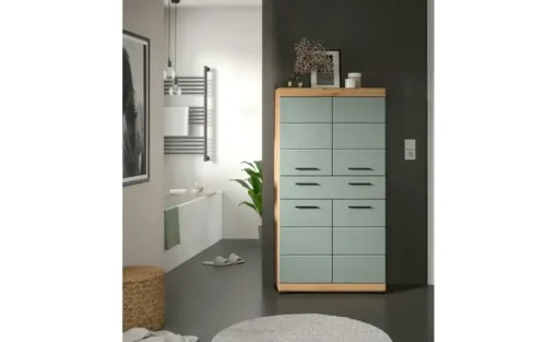 Midischrank SCHLOONSEE, Breite 74cm, 4 Türen, 1 Schubkasten, 4 Fächer, MDF-Front, in verschiedenen Farben erhältlich, Badmöbel, Badschrank, Schrank, Bad Schloonsee | Eiche Artisan (Nachbildung), Salbeigrün