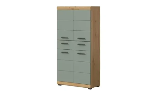 Midischrank SCHLOONSEE, Breite 74cm, 4 Türen, 1 Schubkasten, 4 Fächer, MDF-Front, in verschiedenen Farben erhältlich, Badmöbel, Badschrank, Schrank, Bad Schloonsee | Eiche Artisan (Nachbildung), Salbeigrün