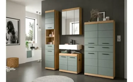 Midischrank SCHLOONSEE, Breite 74cm, 4 Türen, 1 Schubkasten, 4 Fächer, MDF-Front, in verschiedenen Farben erhältlich, Badmöbel, Badschrank, Schrank, Bad Schloonsee | Eiche Artisan (Nachbildung), Salbeigrün