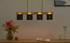 Pendelleuchte, 4-flammig, Holz/ Stoffschirm schwarz/goldfarben | Schwarz