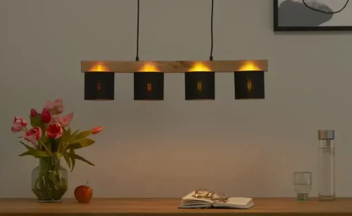 Pendelleuchte, 4-flammig, Holz/ Stoffschirm schwarz/goldfarben | Schwarz