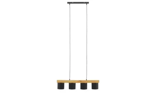 Pendelleuchte, 4-flammig, Holz/ Stoffschirm schwarz/goldfarben | Schwarz