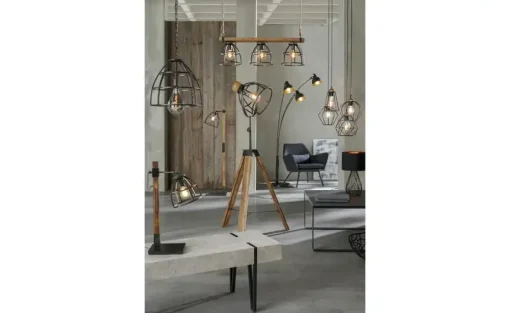 Pendelleuchte, 3-flammig, Metall / Holz schwarz