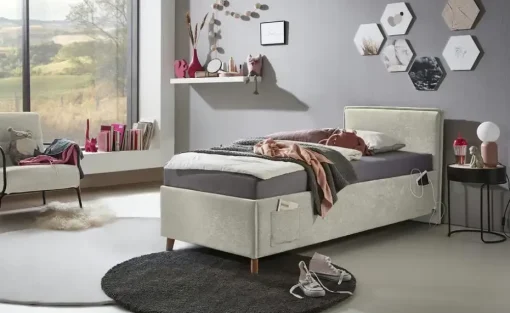 Polsterbettgestell mit trendiger Kederumrahmung Fun | Beige, Ohne Rückenteil
