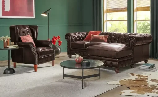 uno Ecksofa Bezug aus Echtleder Chesterfield | Braun