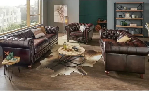 uno Ledersofa im Vintagelook Chesterfield | 3, Braun