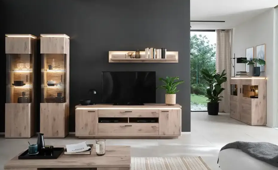 uno Wohnkombination Kataros | ohne Absetzung in Anthrazit, Schubkastendämpfer, Kabeldurchlass/Kabelkanal