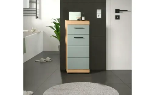 Unterschrank SCHLOONSEE, Breite 37cm, 1 Tür, 1 Schubkasten, 2 Fächer, MDF-Front in verschiedenen Farben erhältlich, Badmöbel, Badschrank, Kommode, Bad Schloonsee | Eiche Artisan (Nachbildung), Salbeigrün