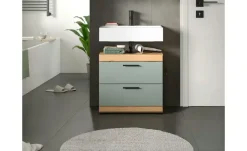 Waschbeckenunterschrank SCHLOONSEE, Breite 60cm, 2 Schubkästen, mit Siphonausschnitt, MDF-Front, in verschiedenen Farben erhältlich, Badmöbel, Badschrank, Kommode, Bad Schloonsee | Eiche Artisan (Nachbildung), Salbeigrün
