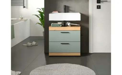 Waschbeckenunterschrank SCHLOONSEE, Breite 60cm, 2 Schubkästen, mit Siphonausschnitt, MDF-Front, in verschiedenen Farben erhältlich, Badmöbel, Badschrank, Kommode, Bad Schloonsee | Eiche Artisan (Nachbildung), Salbeigrün