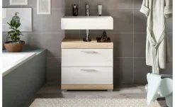 Waschbeckenunterschrank SCHLOONSEE, Breite 60cm, 2 Schubkästen, mit Siphonausschnitt, MDF-Front, in verschiedenen Farben erhältlich, Badmöbel, Badschrank, Kommode, Bad Schloonsee | Eiche Sonoma (Nachbildung), Weiß, hochglanz
