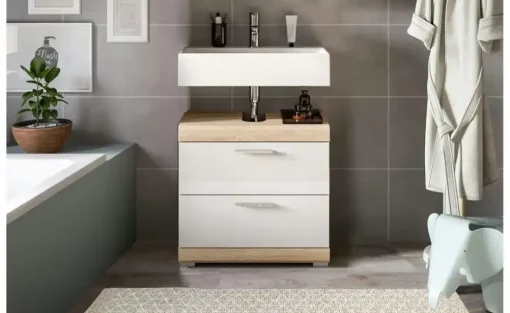 Waschbeckenunterschrank SCHLOONSEE, Breite 60cm, 2 Schubkästen, mit Siphonausschnitt, MDF-Front, in verschiedenen Farben erhältlich, Badmöbel, Badschrank, Kommode, Bad Schloonsee | Eiche Sonoma (Nachbildung), Weiß, hochglanz