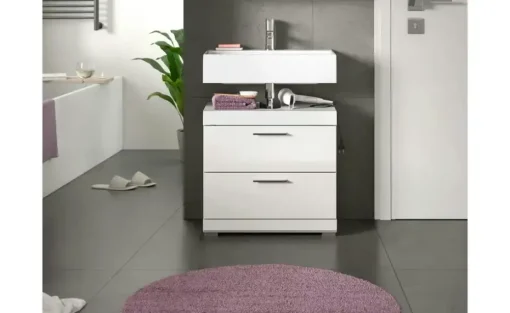 Waschbeckenunterschrank SCHLOONSEE, Breite 60cm, 2 Schubkästen, mit Siphonausschnitt, MDF-Front, in verschiedenen Farben erhältlich, Badmöbel, Badschrank, Kommode, Bad Schloonsee | Weiß, hochglanz