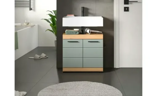 Waschbeckenunterschrank SCHLOONSEE, Breite 60cm, 2 Tür, 2 Fächer, mit Siphonausschnitt, MDF-Front in verschiedenen Farben erhältlich, Badmöbel, Badschrank, Kommode, Bad Schloonsee | Eiche Artisan (Nachbildung), Salbeigrün